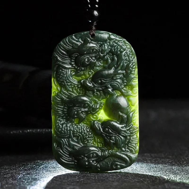 Genuine Natural Hotan Jade Kowloon Protector Pendant men's Necklace