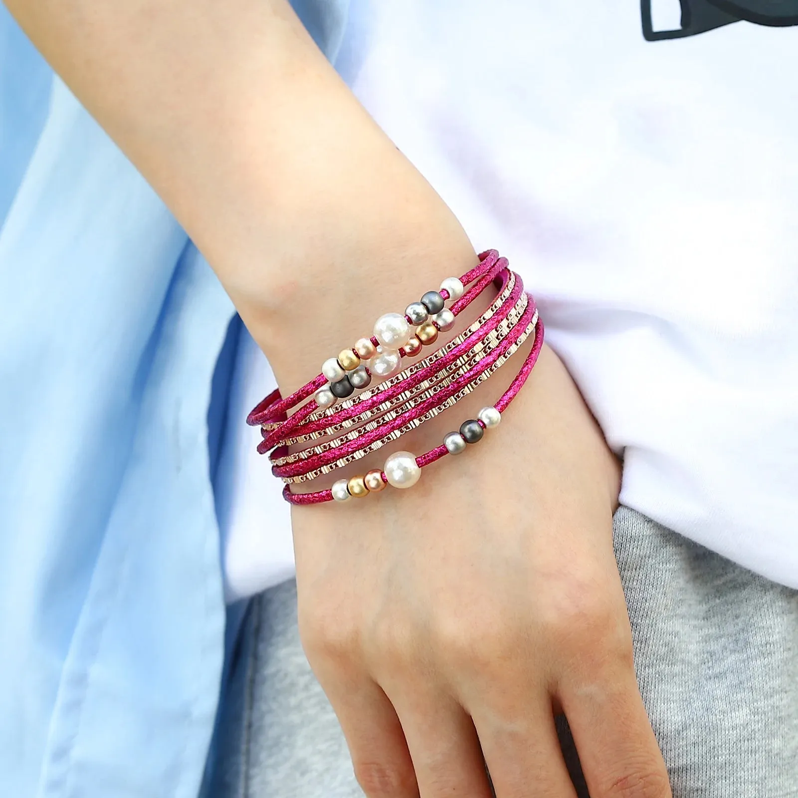 'Girinya' Pearl Beads Cuff Bracelet - berry