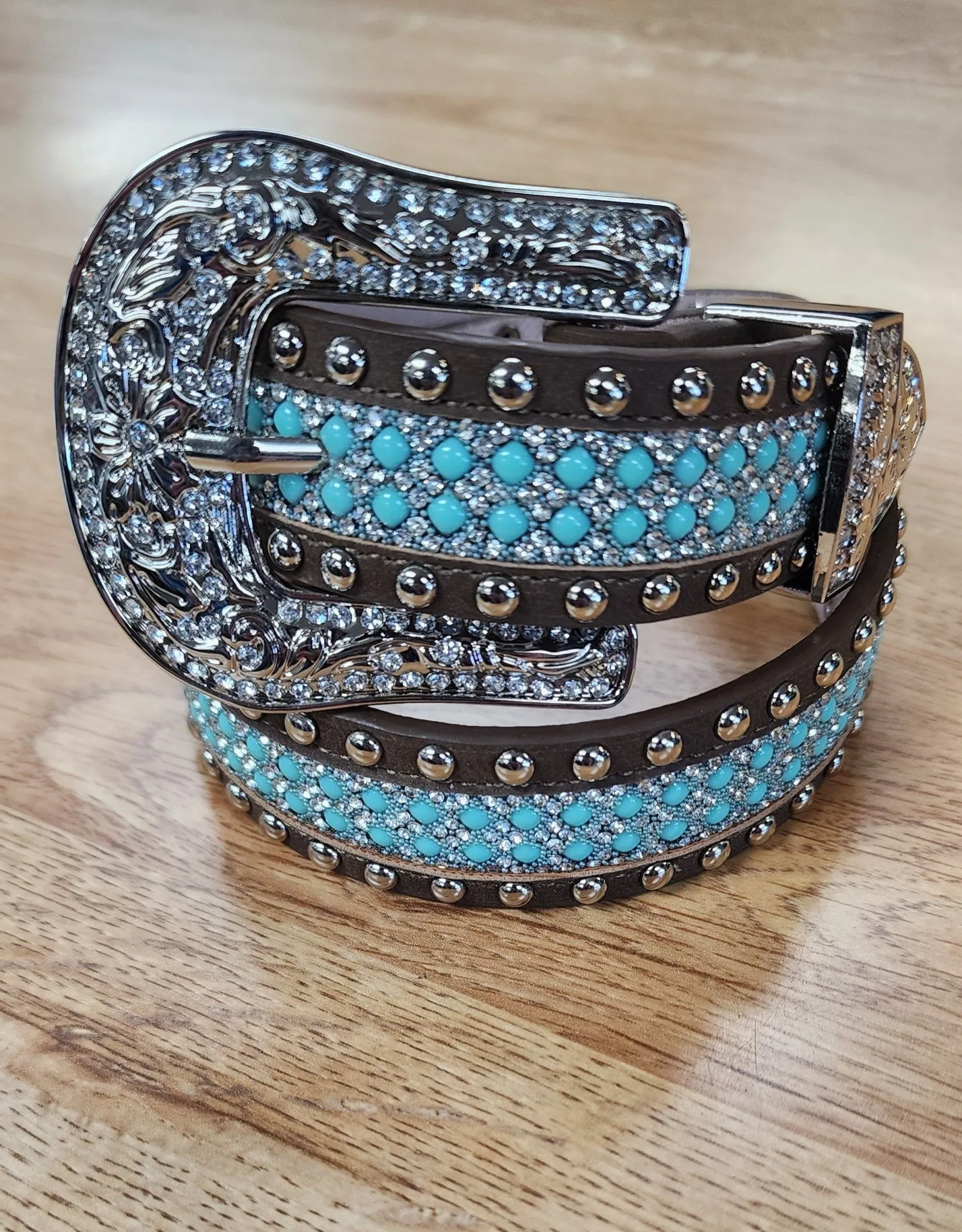 Girls Brown Turquoise Beaded Silver Sparkle Studded 1 1/4" Western Belt