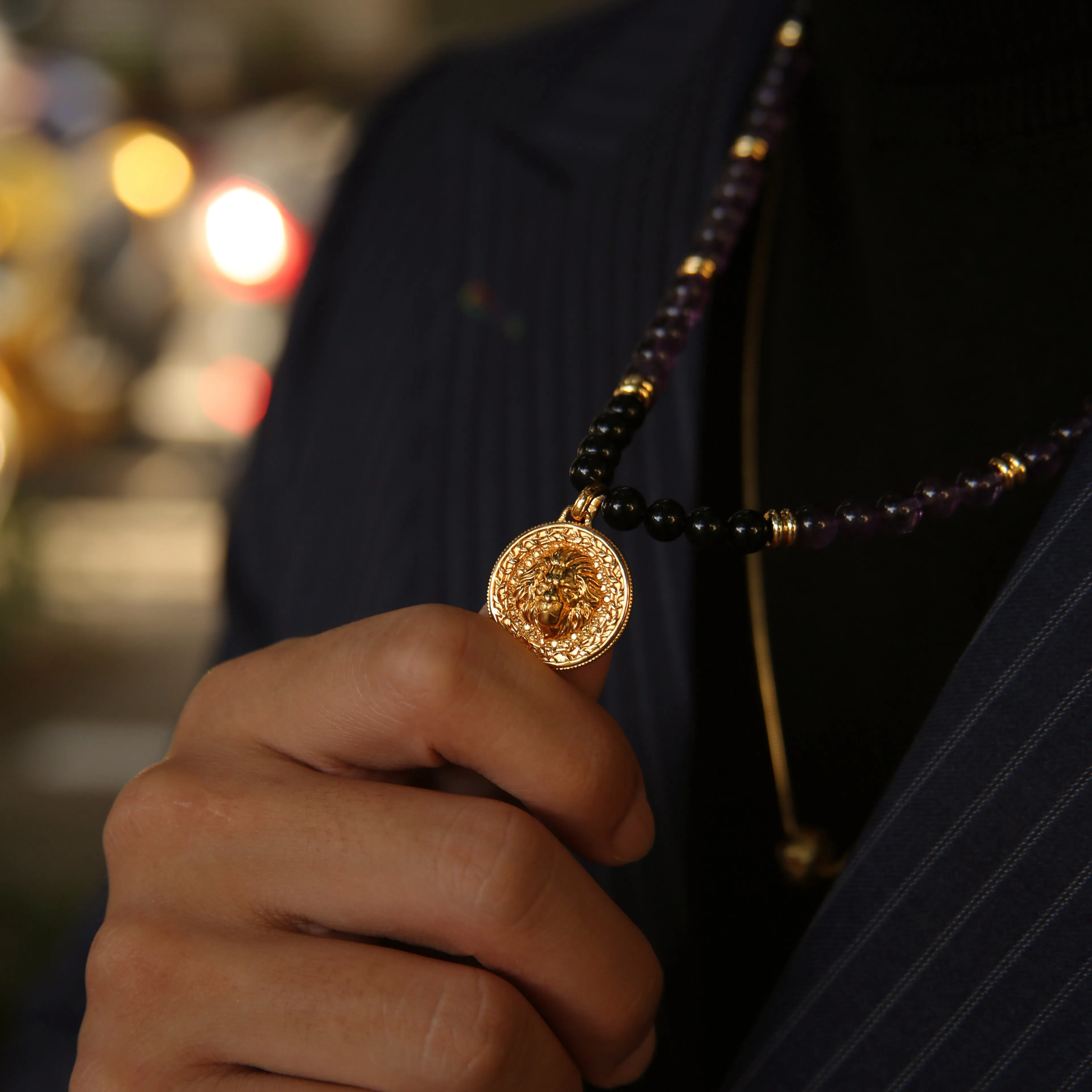 Gold Amethyst Beaded Pendant Necklace | Gold Pendants For Men