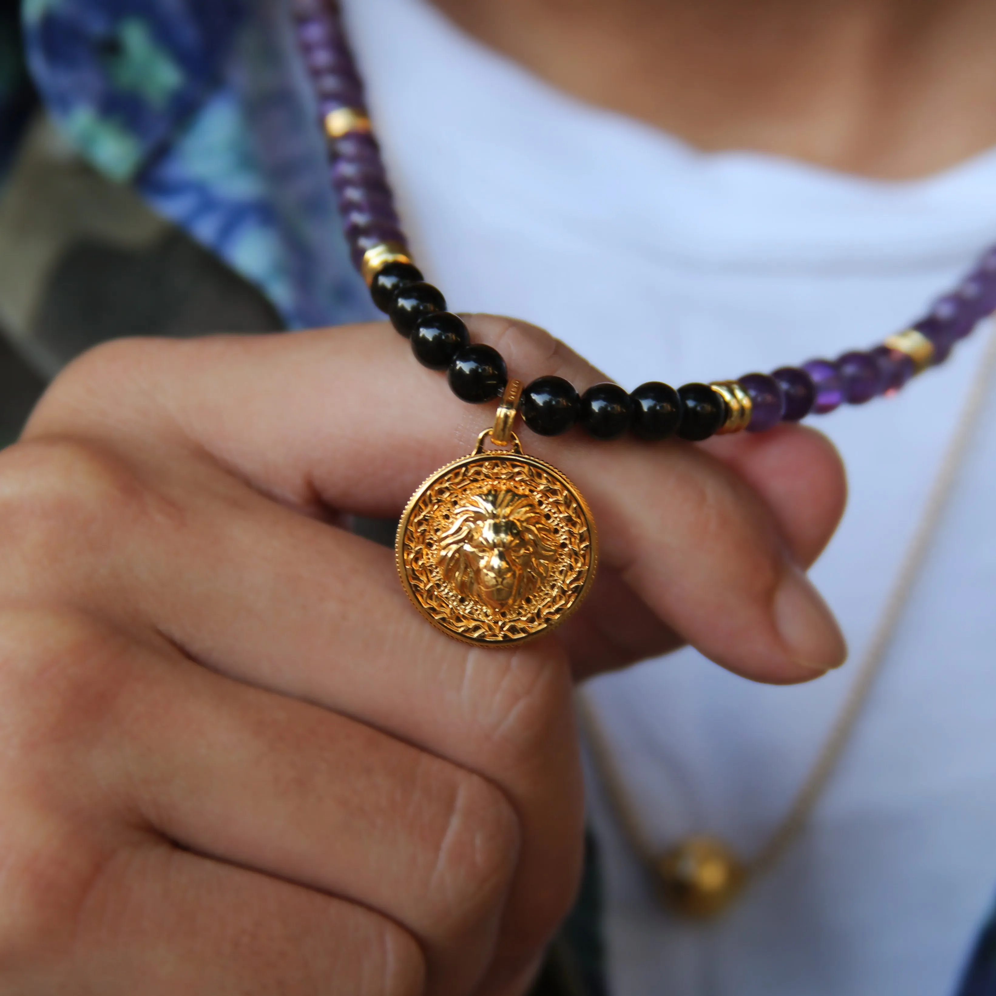 Gold Amethyst Beaded Pendant Necklace | Gold Pendants For Men