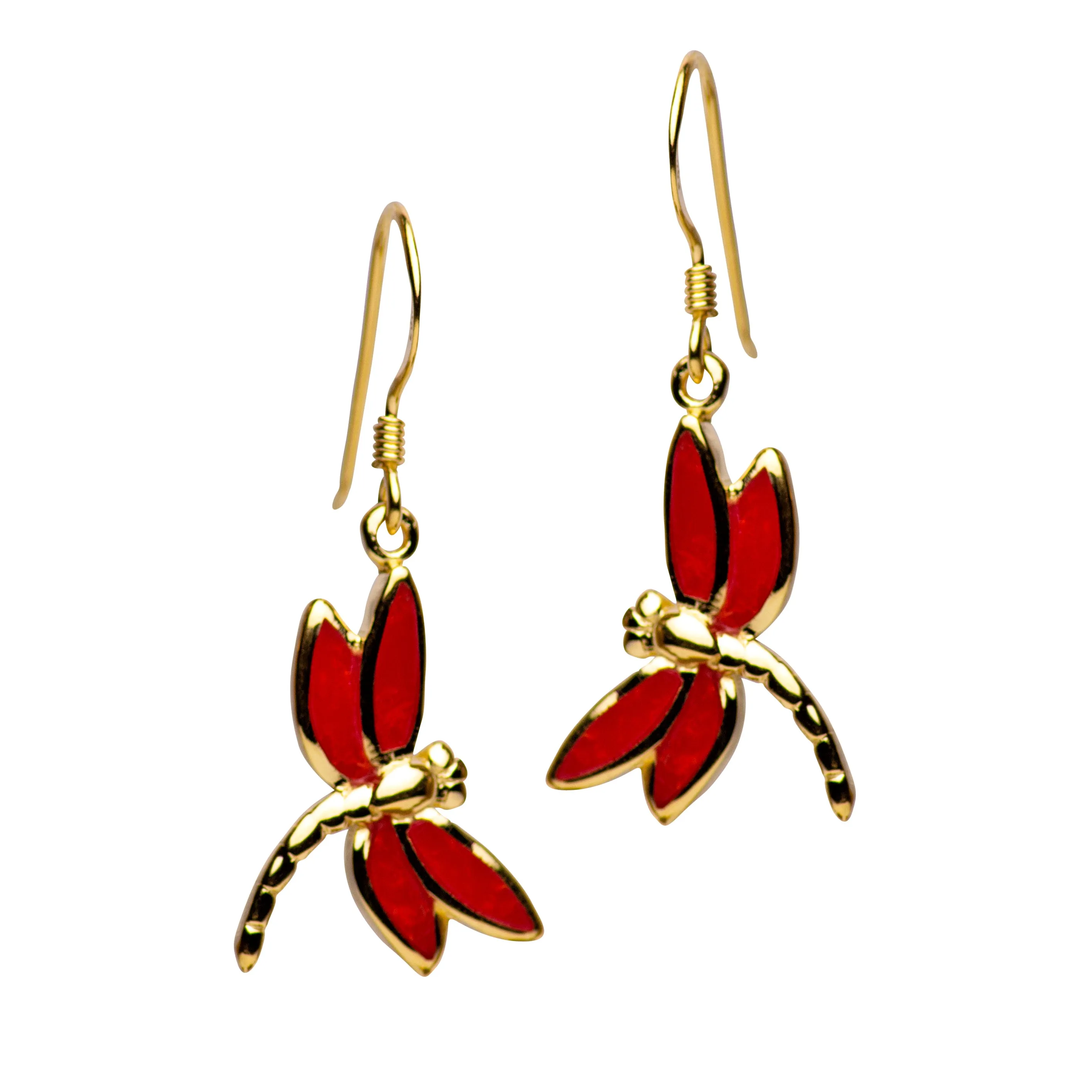 Gold Created Red Coral Dragonfly Earrings