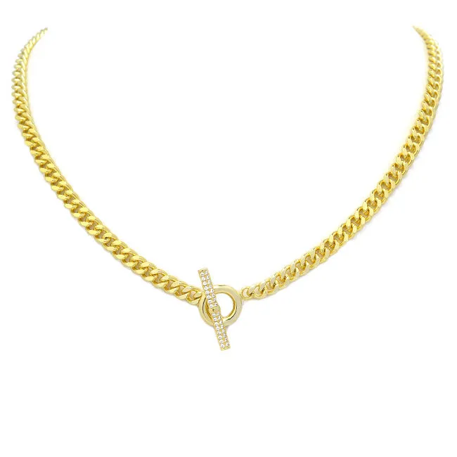 Gold Cubic Zirconia Linked Chain Toggle Necklace