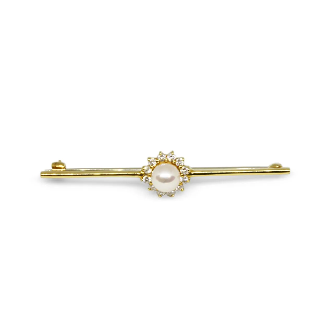 Gold Cultured Pearl & Diamond Cluster Bar Brooch