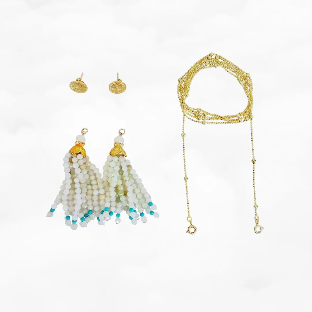 Gold Lotus Burma Jadeite Tassel Lariat Necklace and Earrings Set