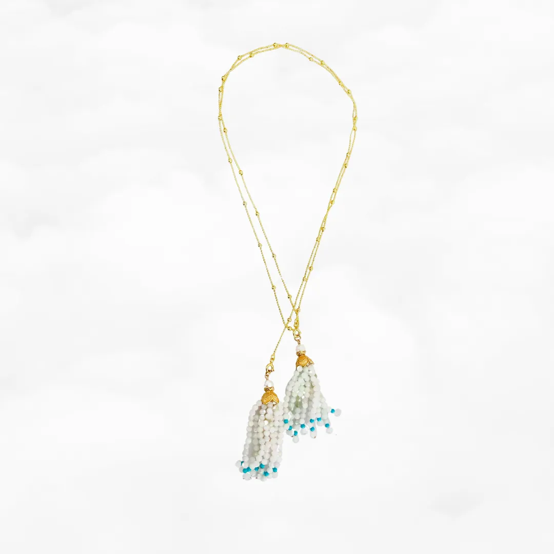 Gold Lotus Burma Jadeite Tassel Lariat Necklace and Earrings Set