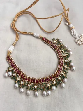 Gold polish kundan & ruby necklace with pearls and jade beads