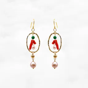 Gold Red Coral Chandelier Earrings