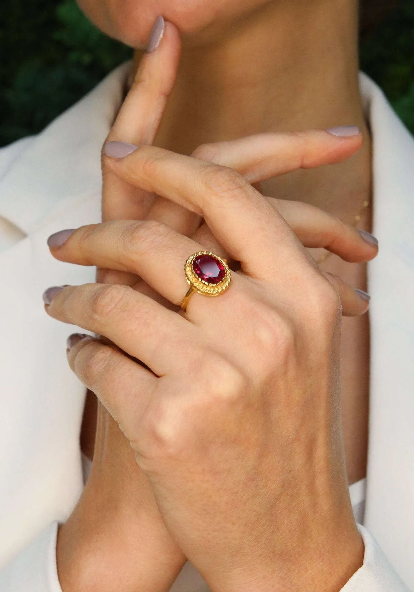 Gold Ruby Ring - Red Vintage Ring - Oval Cocktail Ring