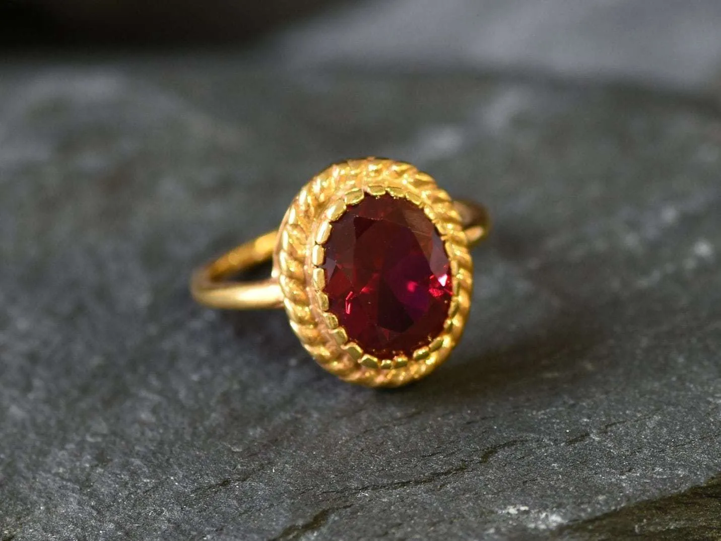 Gold Ruby Ring - Red Vintage Ring - Oval Cocktail Ring