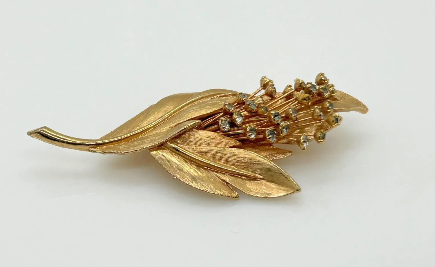 Golden Bouquet of Flowers with Rhinestones Vintage Brooch