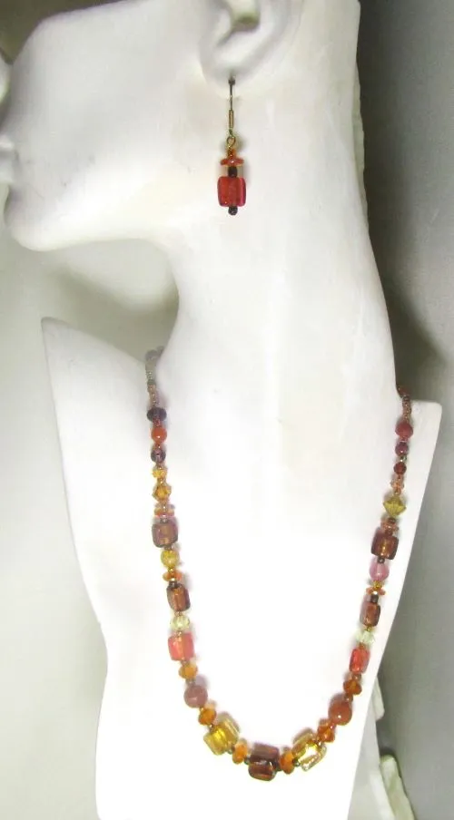 Golden Foil Glass and Jasper Beaded Necklace & Earrings