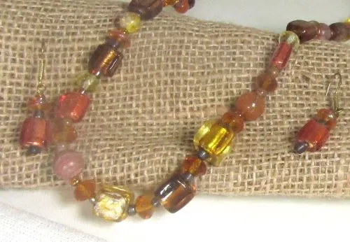 Golden Foil Glass and Jasper Beaded Necklace & Earrings