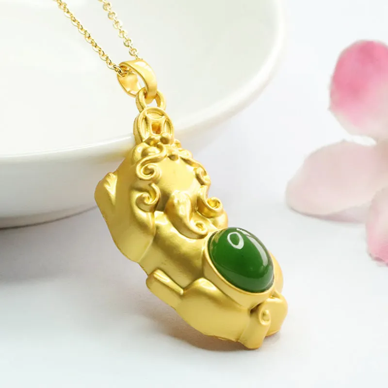 Golden Pixiu Fortune Pendant with Hetian Jade Oval Jasper - Sterling Silver Jewelry