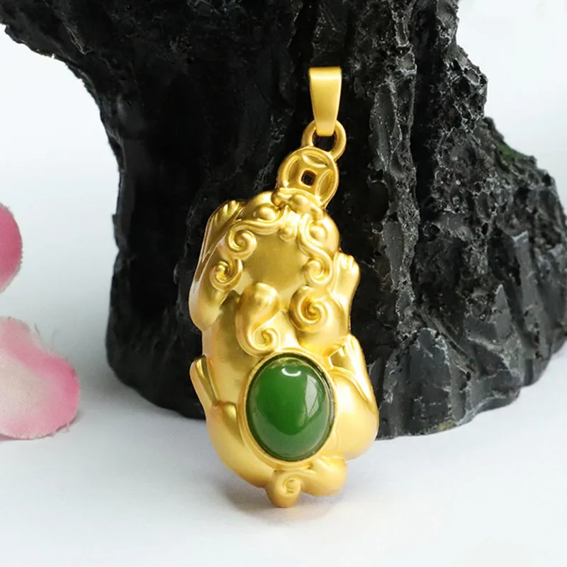 Golden Pixiu Fortune Pendant with Hetian Jade Oval Jasper - Sterling Silver Jewelry