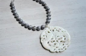 Gray Stone White Jade Pendant Long Boho Chain Statement Necklace - Tai