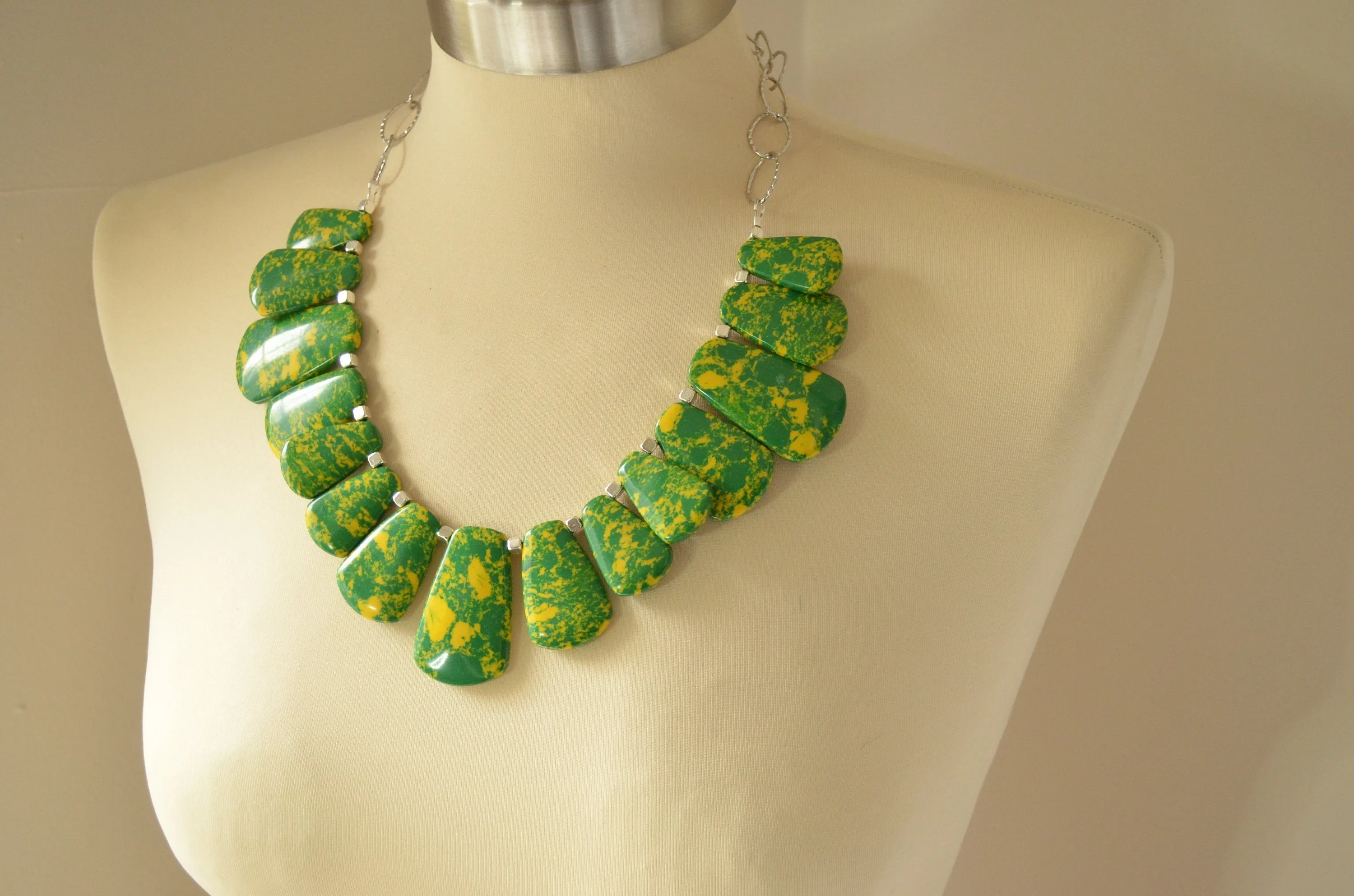 Green Yellow Glass Beaded Chunky Bib Statement Necklace - Reina