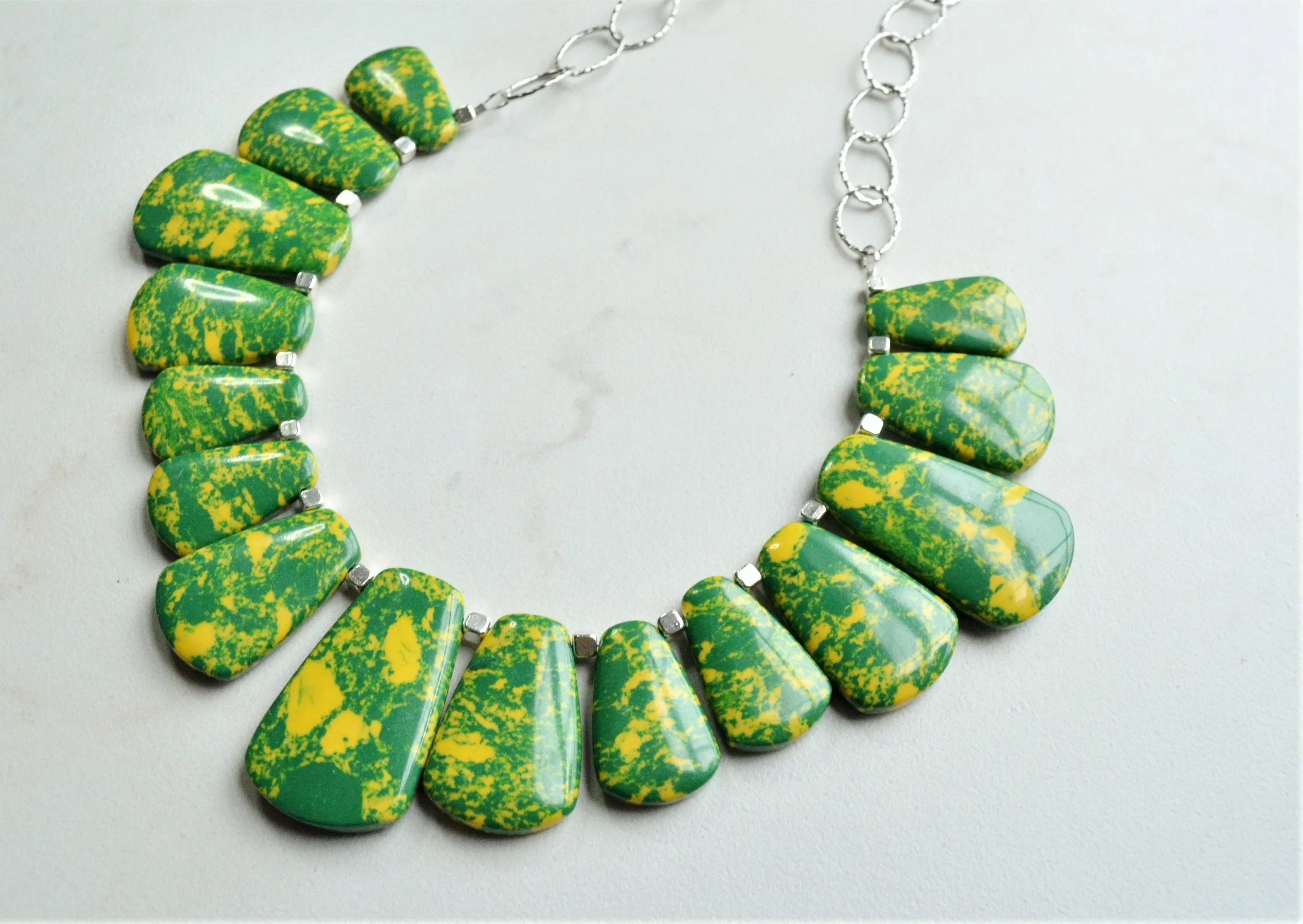 Green Yellow Glass Beaded Chunky Bib Statement Necklace - Reina