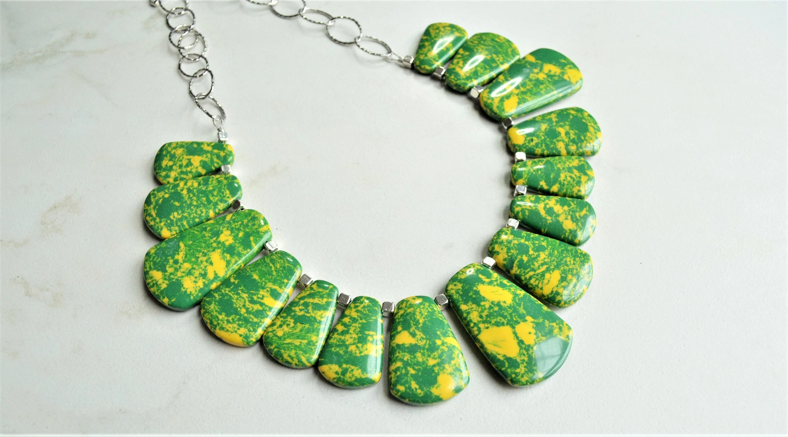 Green Yellow Glass Beaded Chunky Bib Statement Necklace - Reina