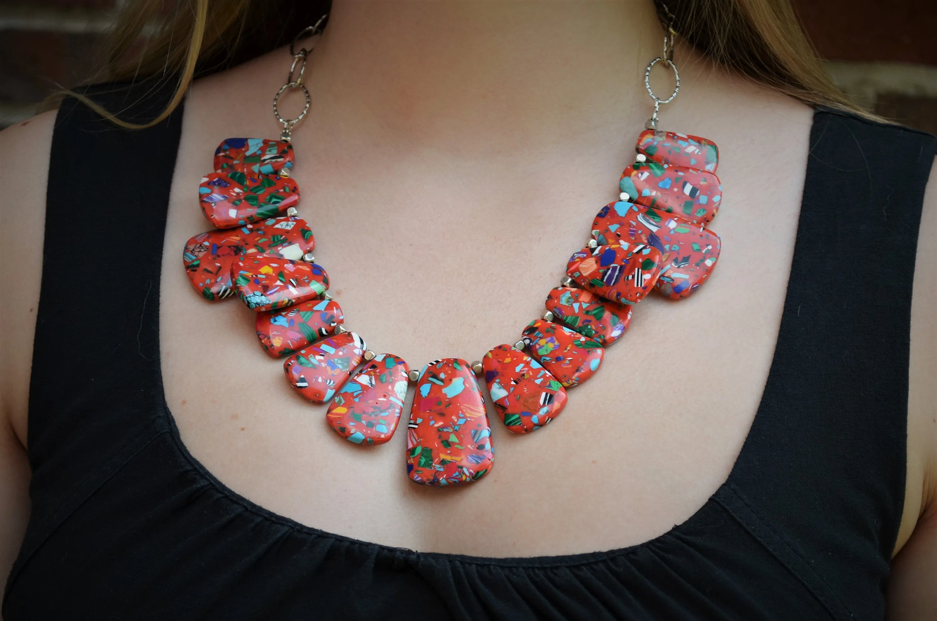 Green Yellow Glass Beaded Chunky Bib Statement Necklace - Reina