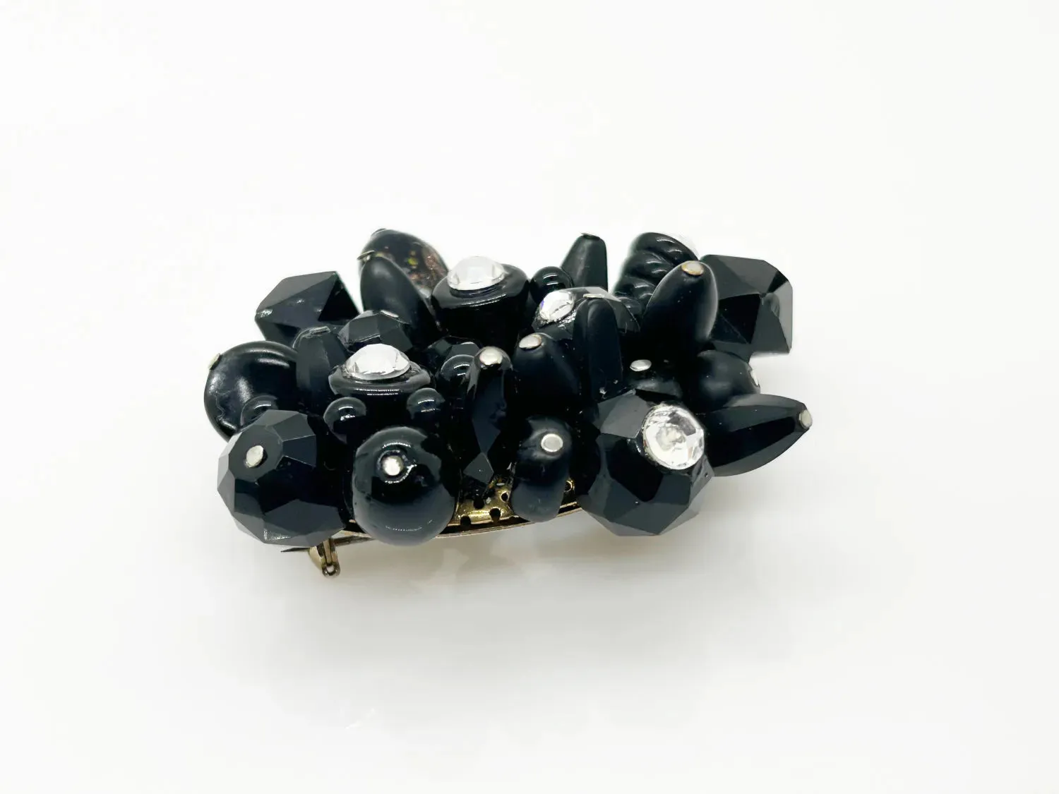 Handcrafted Vintage Black Beads and Rhinestones Pin