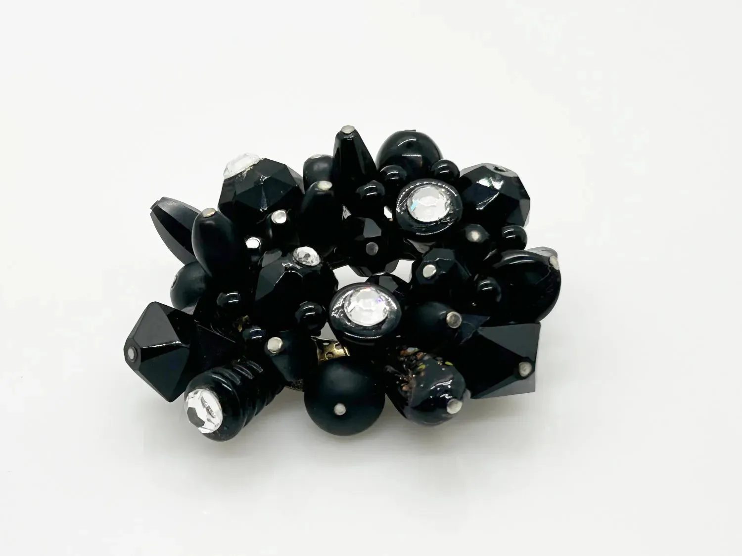 Handcrafted Vintage Black Beads and Rhinestones Pin