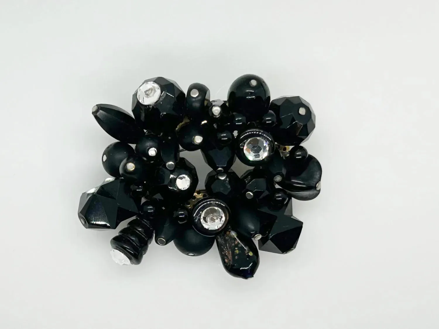 Handcrafted Vintage Black Beads and Rhinestones Pin