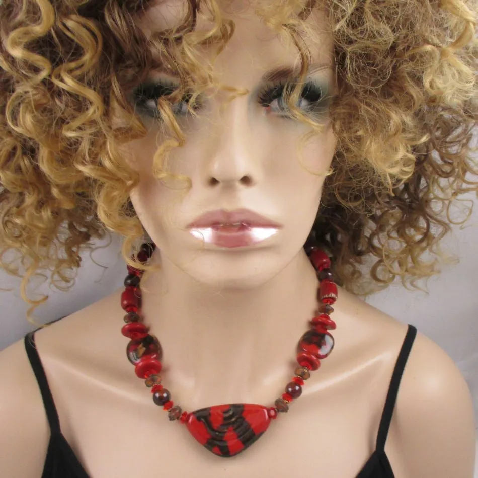 Handmade Necklace Red Kazuri Beads with Copper Accents