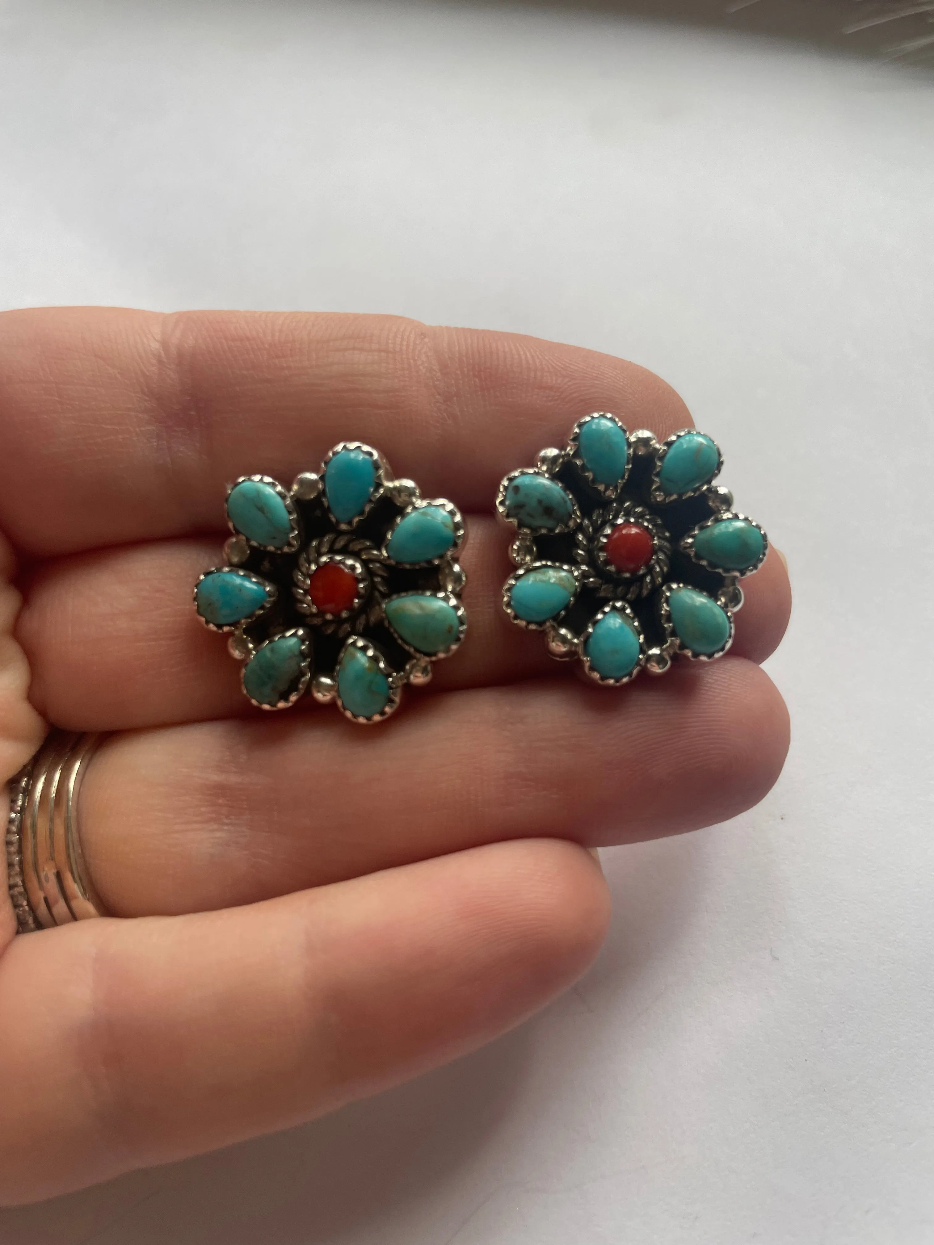 Handmade Turquoise & Coral Post Earrings Signed Nizhoni