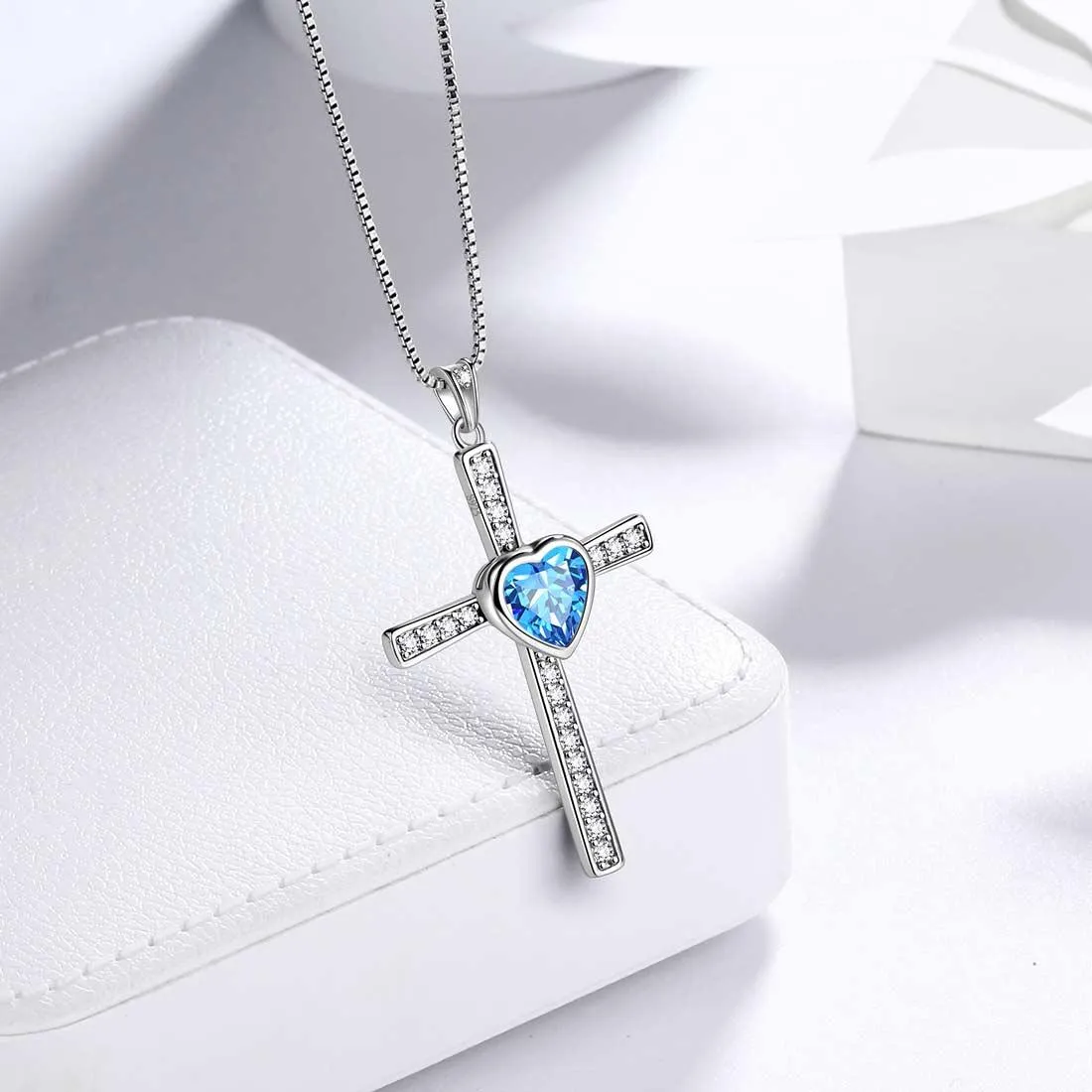 Heart Birthstone March Aquamarine Cross Necklace Pendant Women Girls Jewelry Birthday Gift