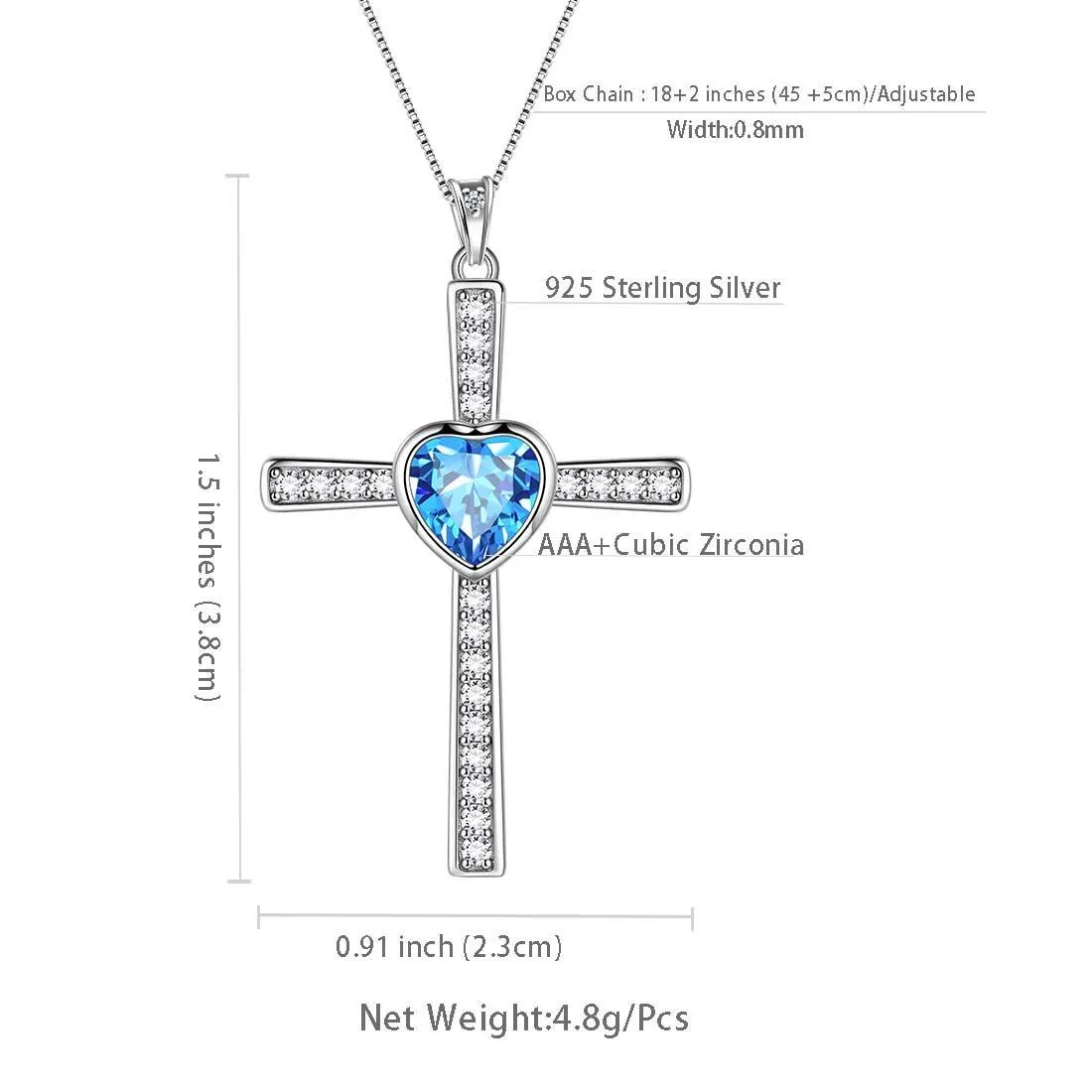 Heart Birthstone March Aquamarine Cross Necklace Pendant Women Girls Jewelry Birthday Gift