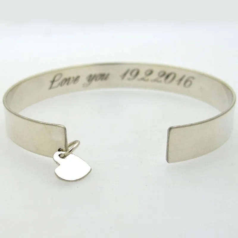 Heart Charm Sterling Silver Bangle Bracelet