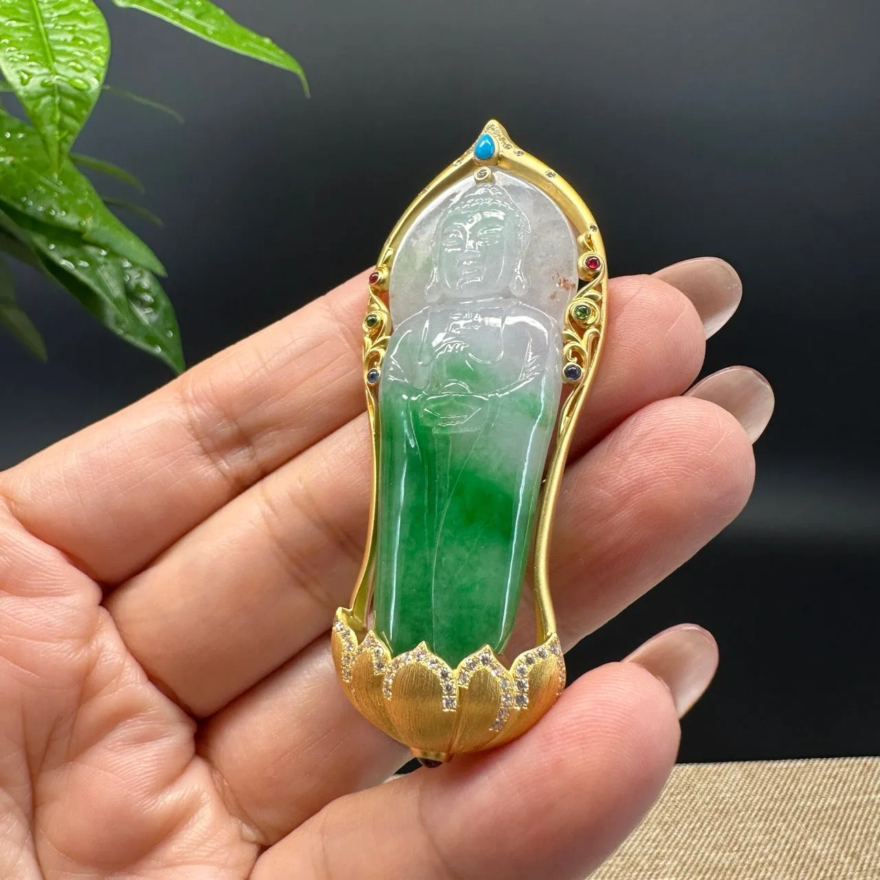 High-end 18K Yellow Gold Burmese White Green Jadeite Jade Guanyin Pendant with Diamond