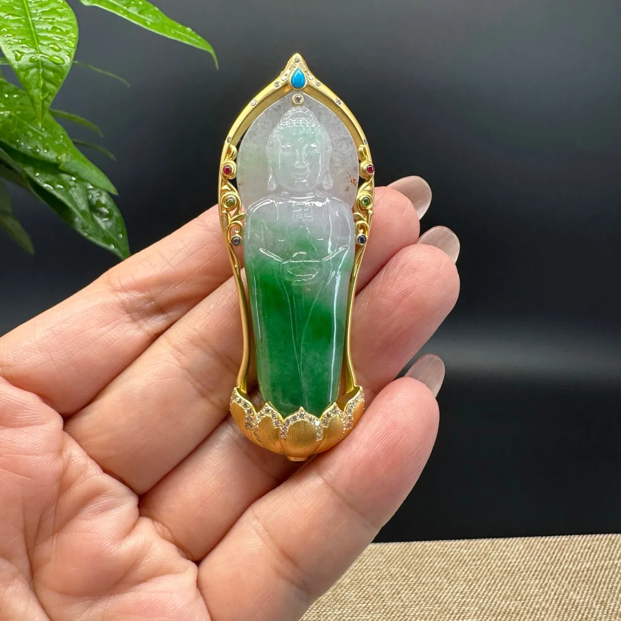 High-end 18K Yellow Gold Burmese White Green Jadeite Jade Guanyin Pendant with Diamond