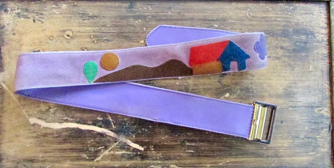 HOMESTEADER 60s Purple Applique Suede Hippie Belt, Small Medium