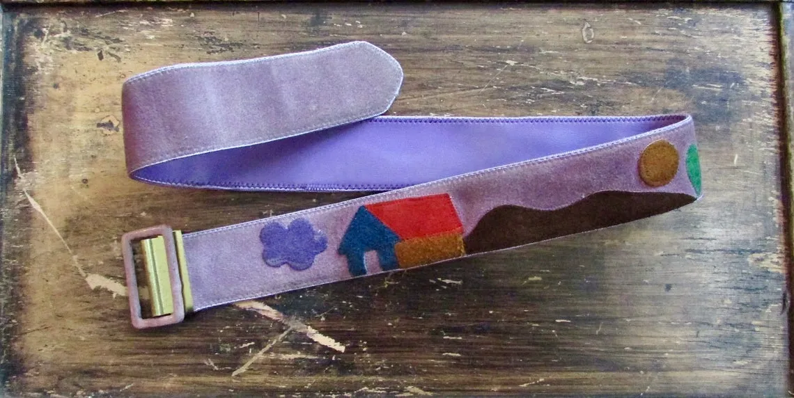 HOMESTEADER 60s Purple Applique Suede Hippie Belt, Small Medium