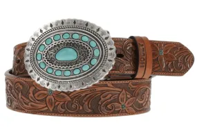 Hooey 'Medina' Tan Feather Embossed Faux Turquoise Buckle Leather Belt HWBLT021