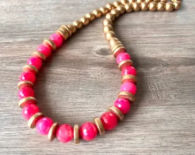 Hot Pink Gold Statement Long Bead Chunky Jade Wood Necklace - Mollie