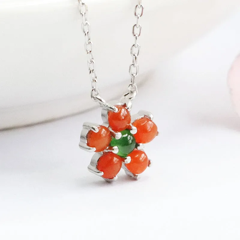 Ice Green and Red Jade Flower Necklace in Sterling Silver