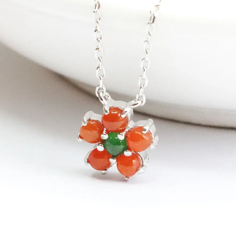 Ice Green and Red Jade Flower Necklace in Sterling Silver