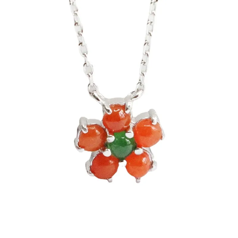 Ice Green and Red Jade Flower Necklace in Sterling Silver