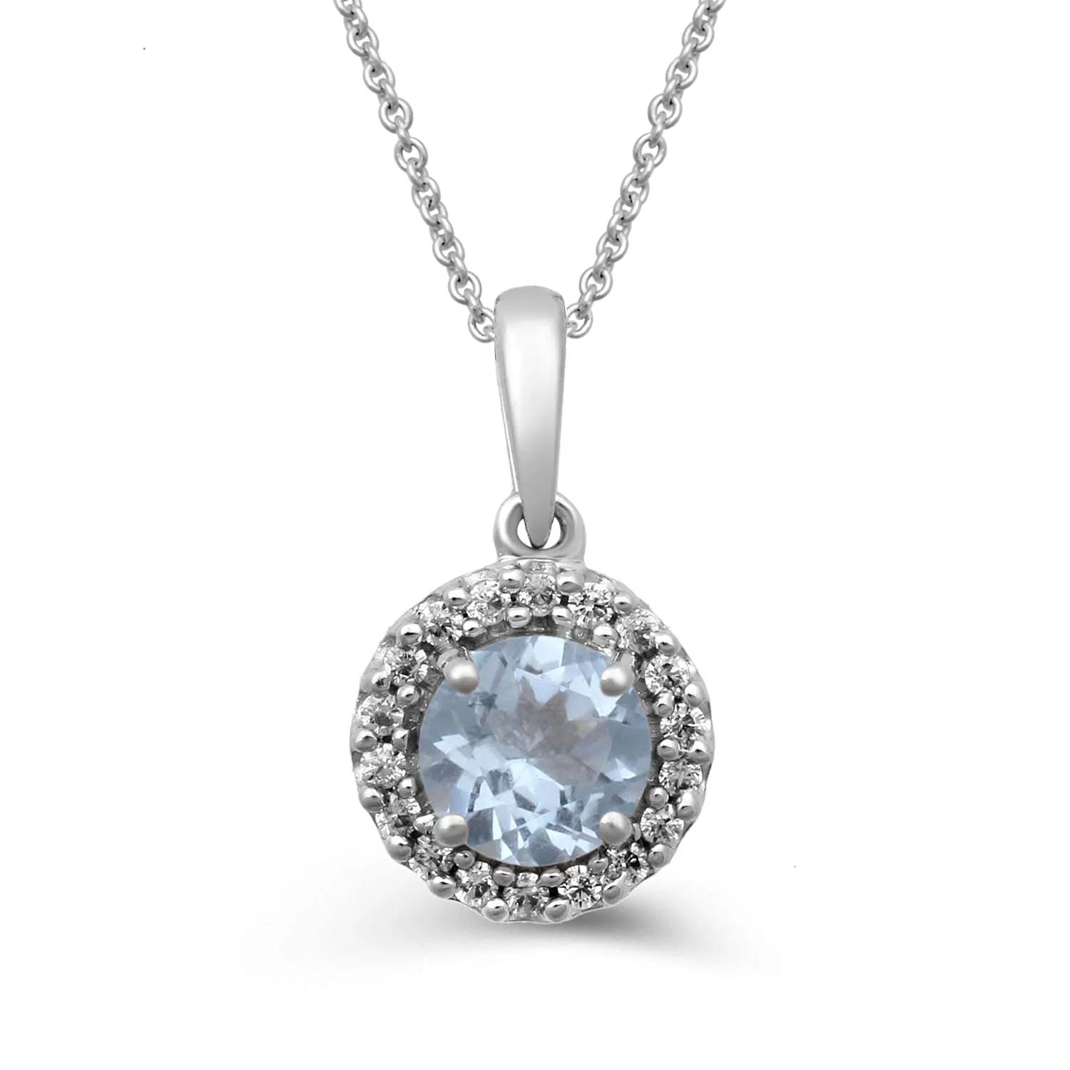 Jewelili Sterling Silver With Aquamarine and Round Cubic Zirconia Halo Pendant Necklace