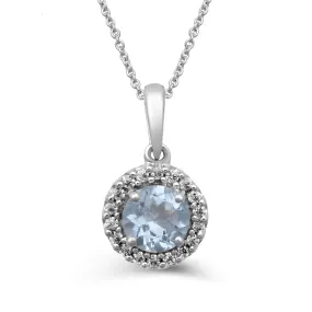 Jewelili Sterling Silver With Aquamarine and Round Cubic Zirconia Halo Pendant Necklace