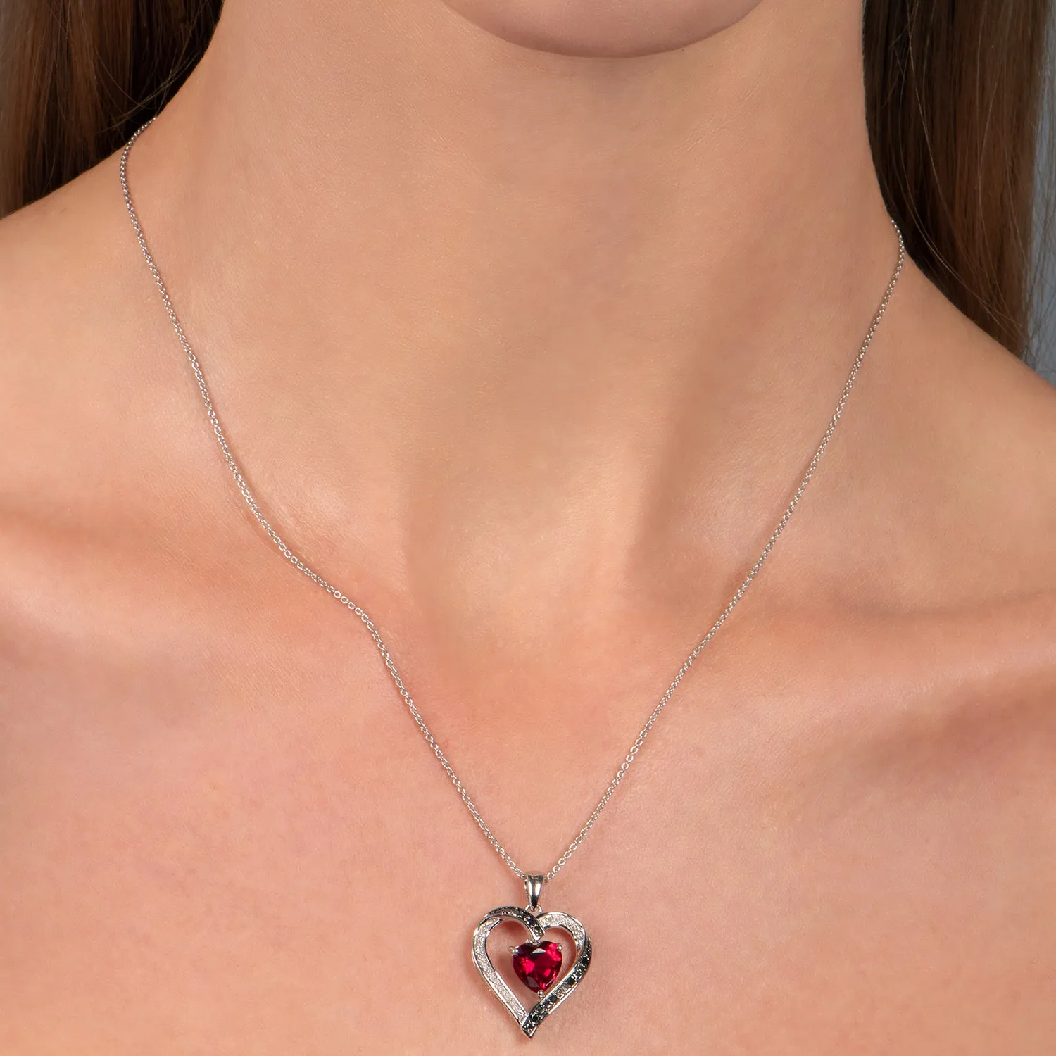 Jewelili Sterling Silver With Created Ruby and 1/10 Black White Diamonds Pendant Necklace