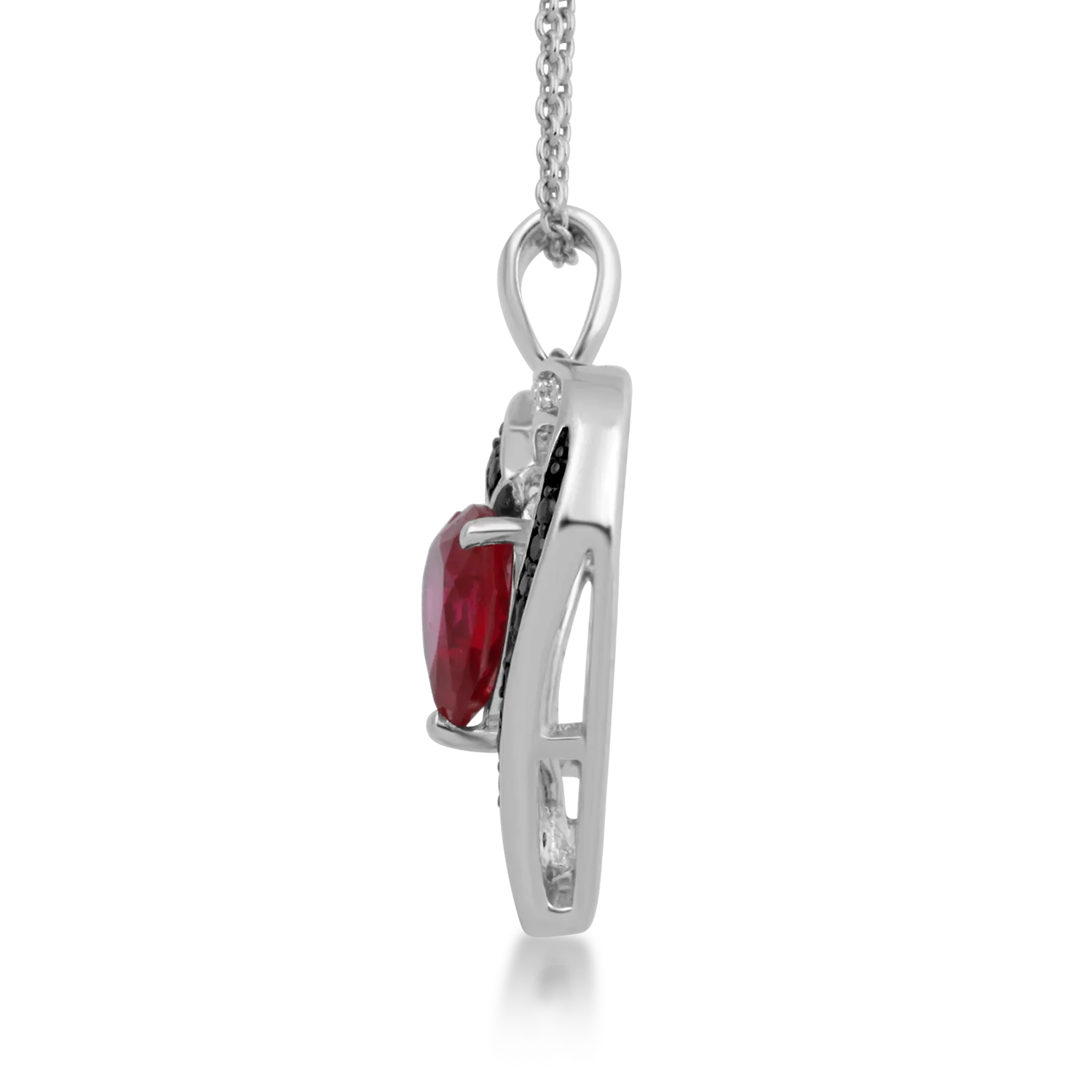 Jewelili Sterling Silver With Created Ruby and 1/10 Black White Diamonds Pendant Necklace