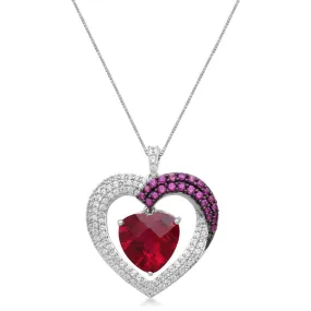 Jewelili Sterling Silver With Heart Shape Checkerboard and Round Shape Created Ruby and Created White Sapphire Heart Pendant Necklace