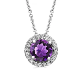 Jewelili Sterling Silver with Round Amethyst and Created White Sapphire Halo Pendant Necklace