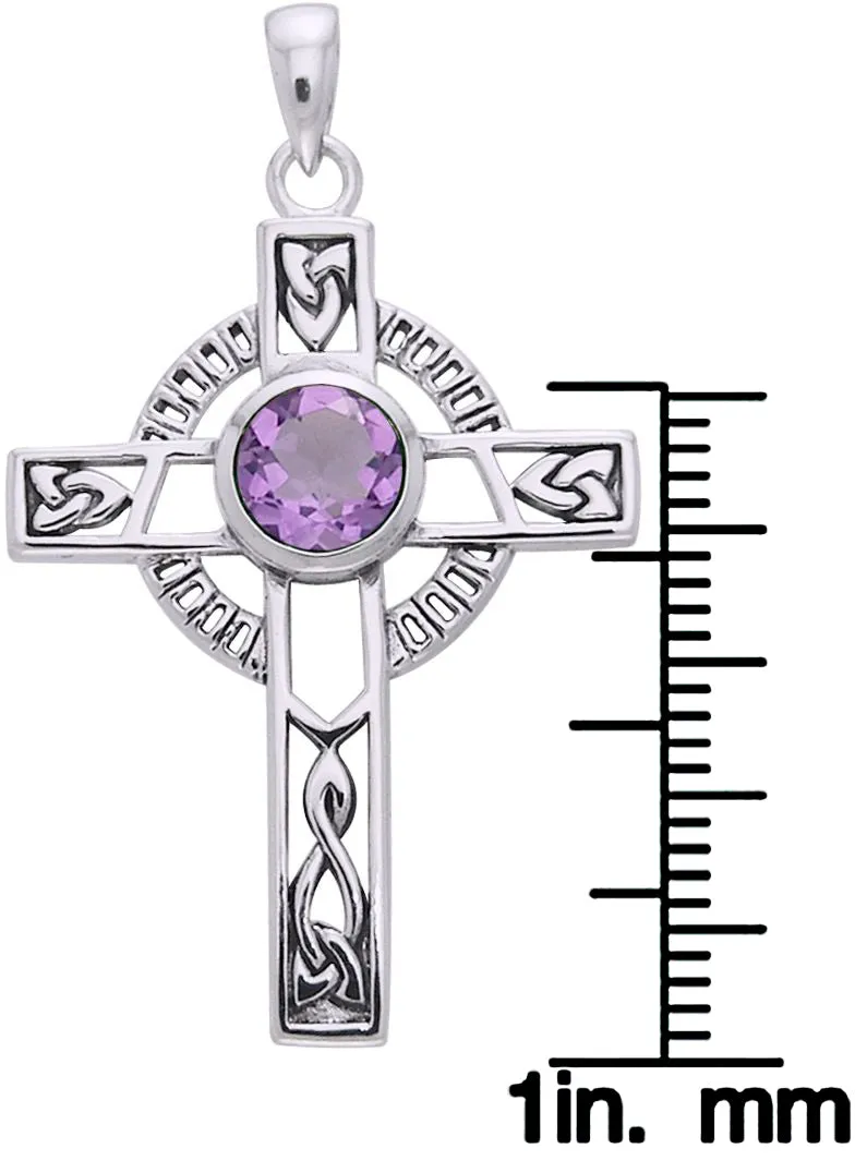 Jewelry Trends Sterling Silver Celtic Knotwork Cross with Amethyst Pendant on 18 Inch Box Chain Necklace