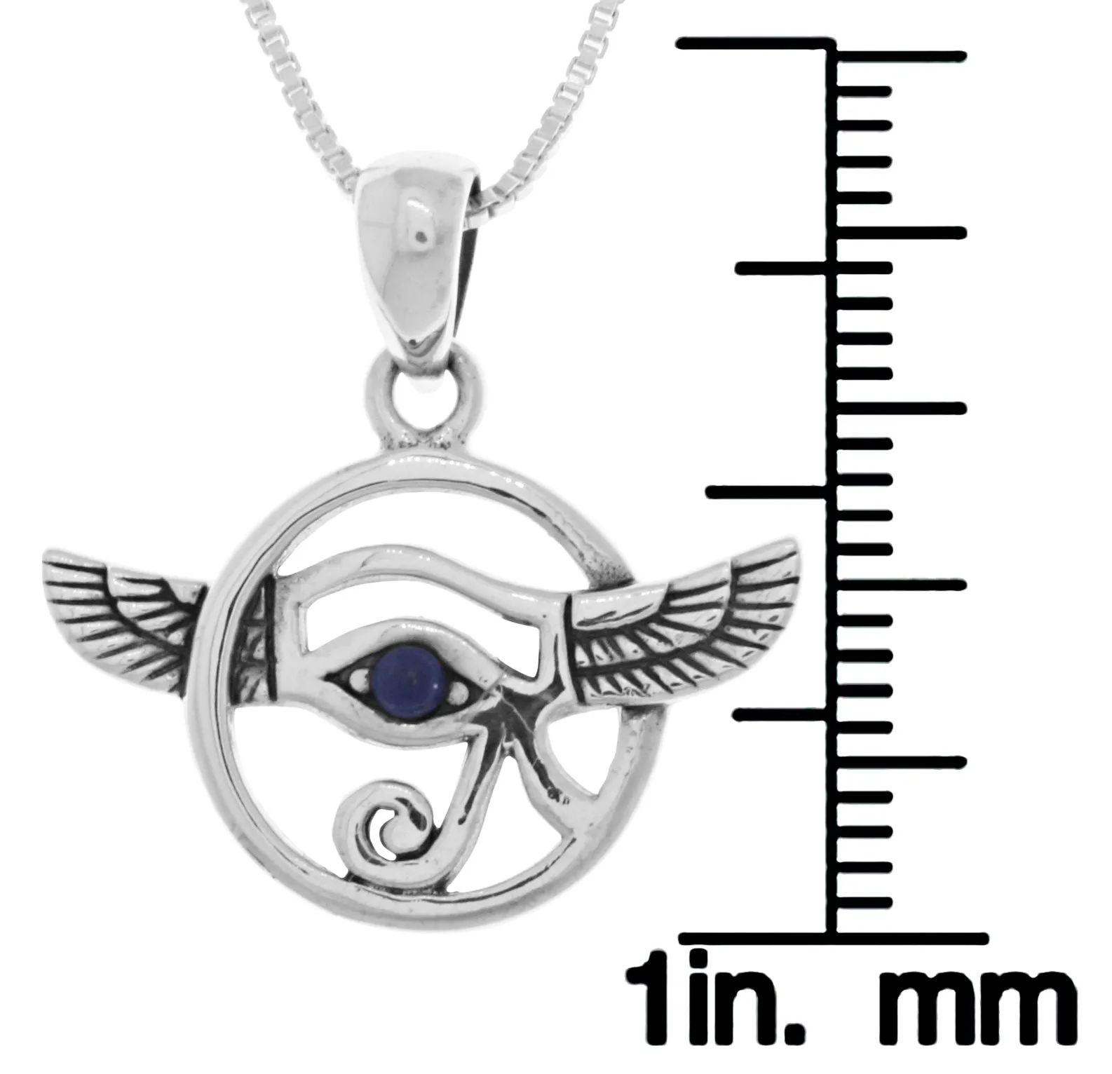 Jewelry Trends Sterling Silver Winged Eye Of Horus Pendant with Synthetic Blue Lapis on 18 Inch Box Chain Necklace