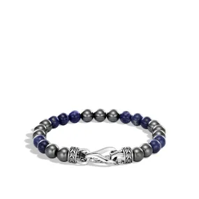 John Hardy Mens Classic Chain Sterling Silver 8mm Sodalite & Hematite Bead Bracelet